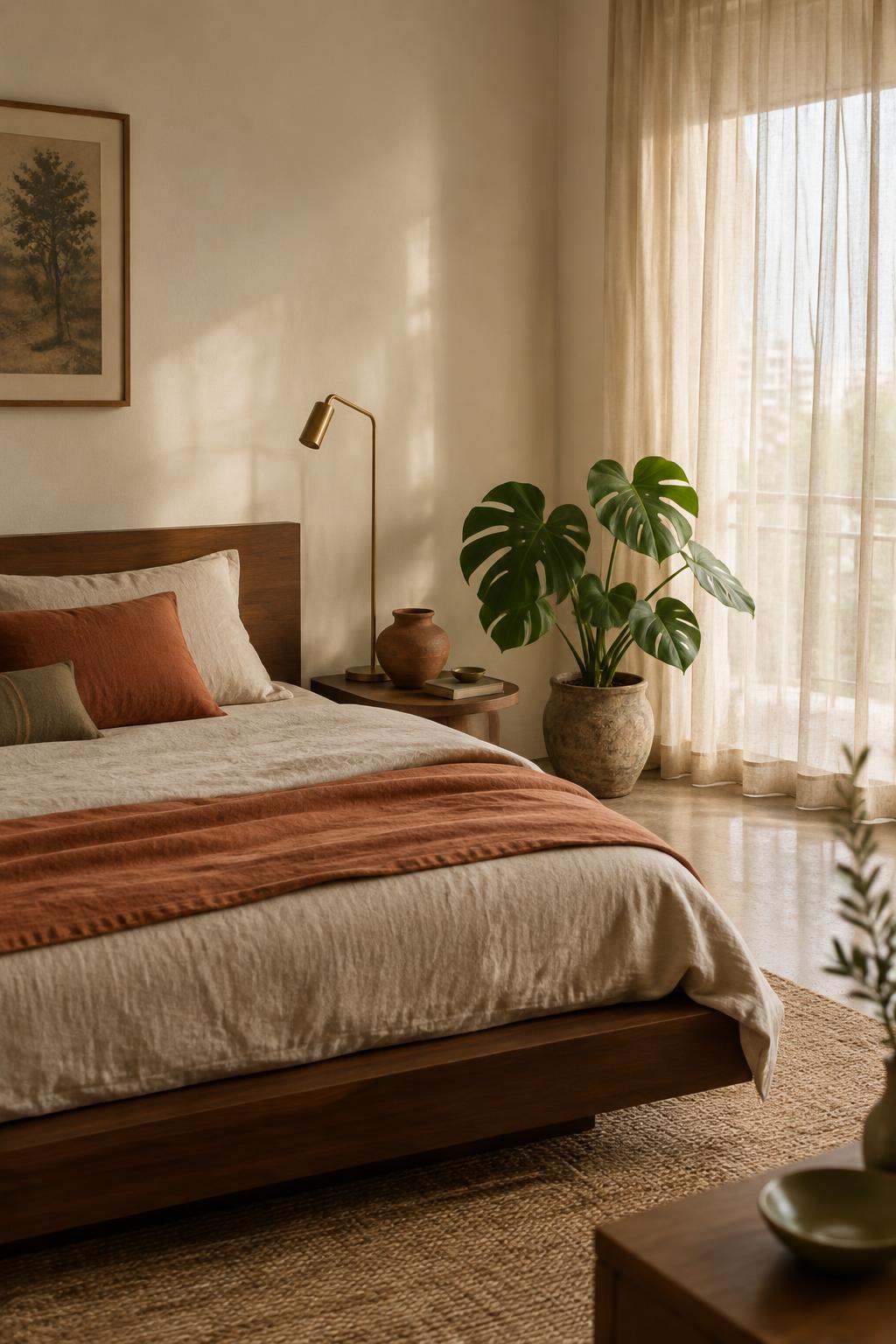 Bedroom concept with linen bedding, brass lamp and morning light through sheer curtains