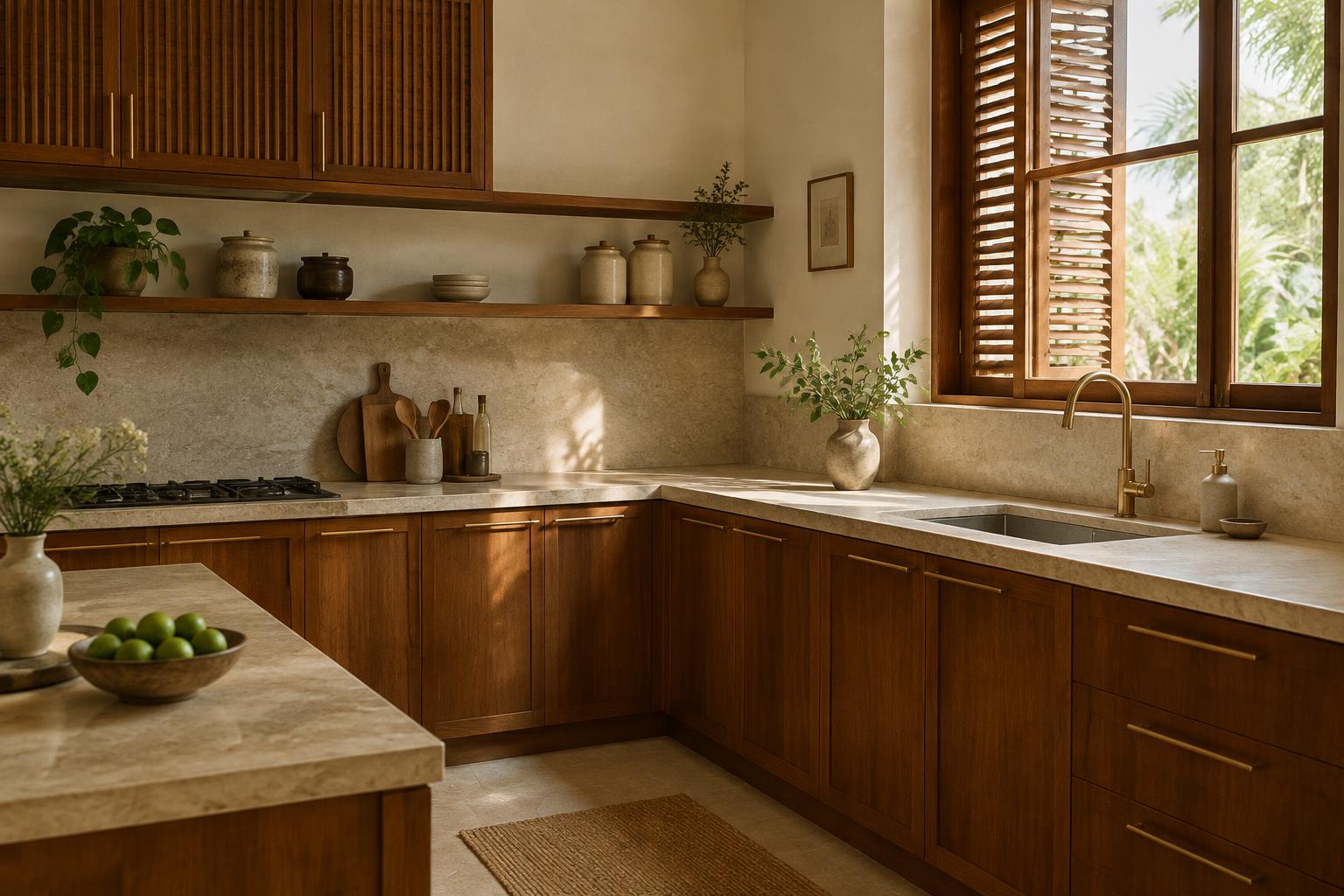 Kitchen concept with teak shutters, stone countertop and brass fittings