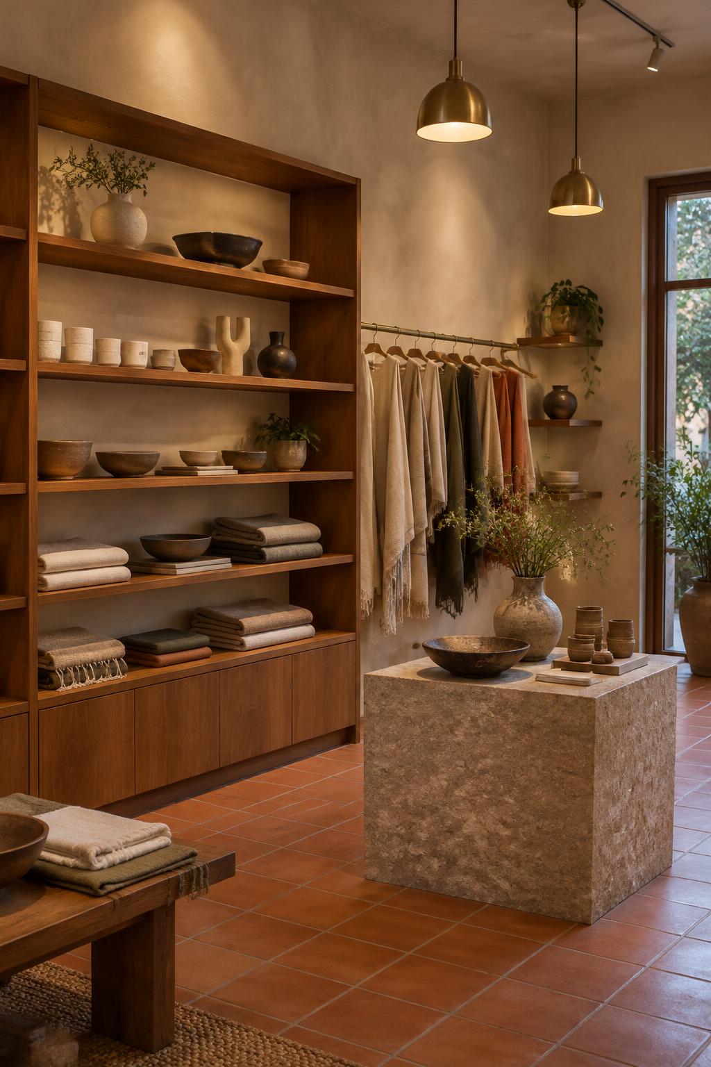 Boutique retail interior concept with timber shelving, ceramics and terracotta floor tiles