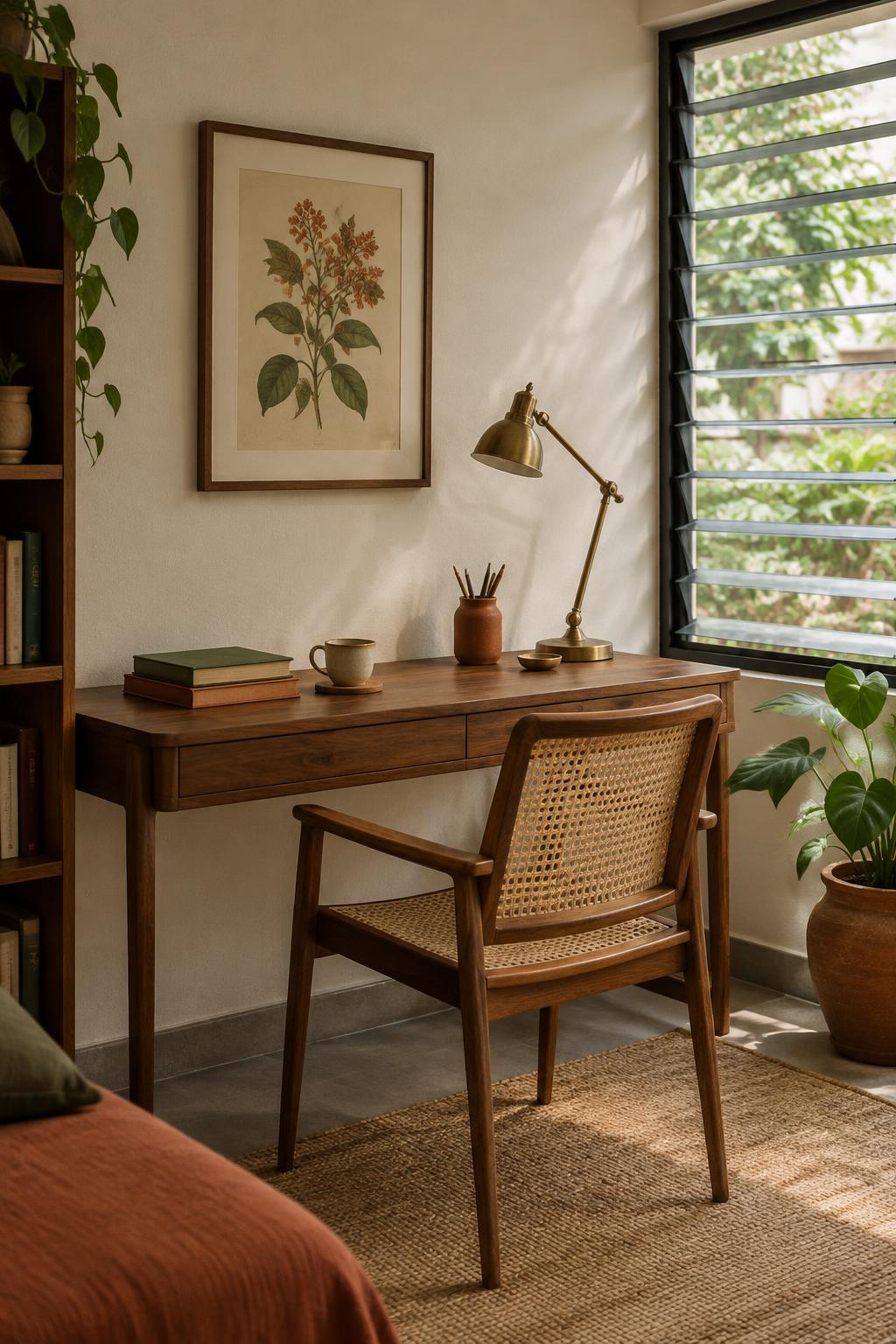 Home study concept with walnut desk, cane chair and louvered window light
